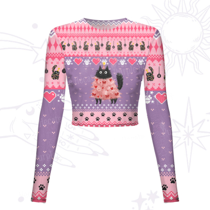 Purplehecate Funny Black Cat in Tree Mesh Long Sleeve Crop Top