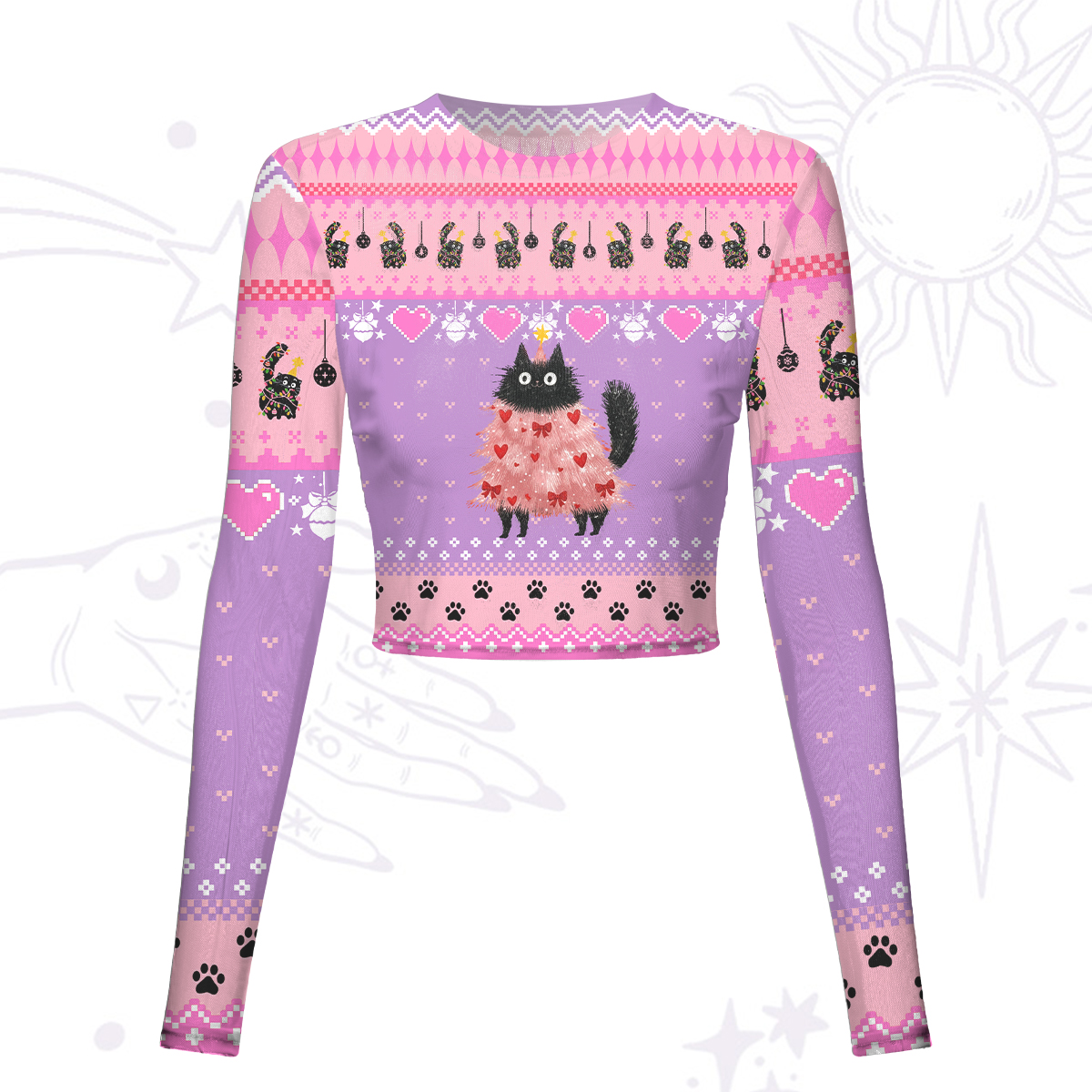 Purplehecate Funny Black Cat in Tree Mesh Long Sleeve Crop Top