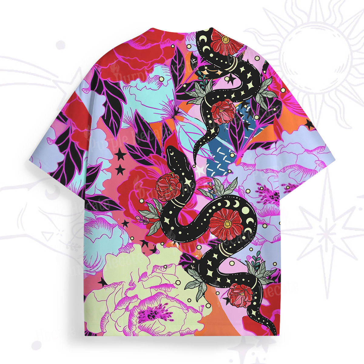 Purplehecate Enchanted Black Serpent & Floral Pattern All Over Print T-Shirt