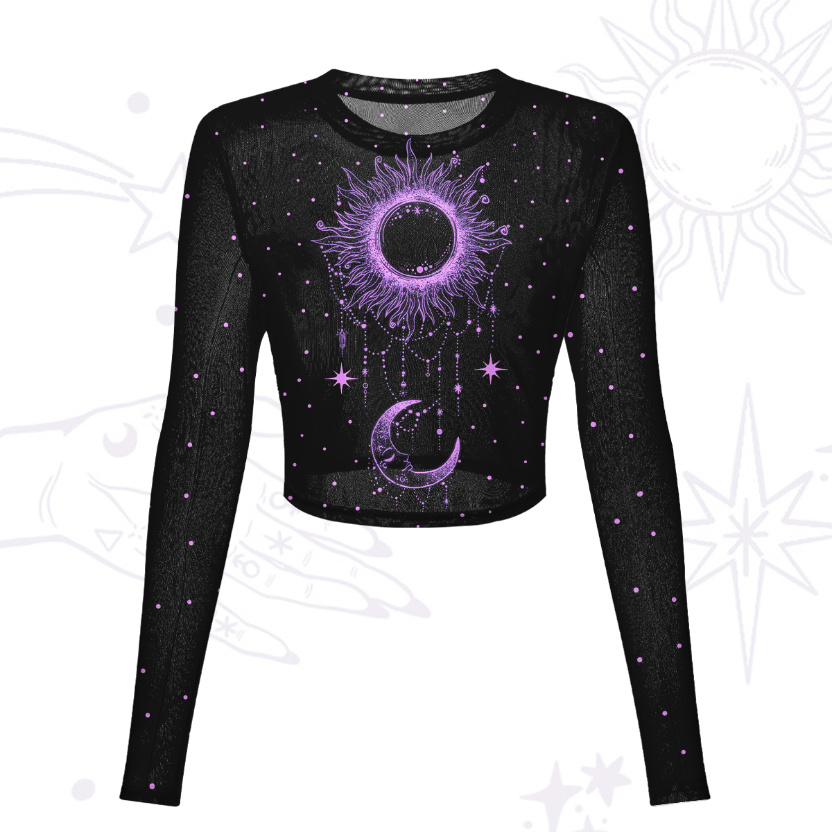 Purplehecate Radiance Of Sun And Moon Mesh Long Sleeve Crop Top