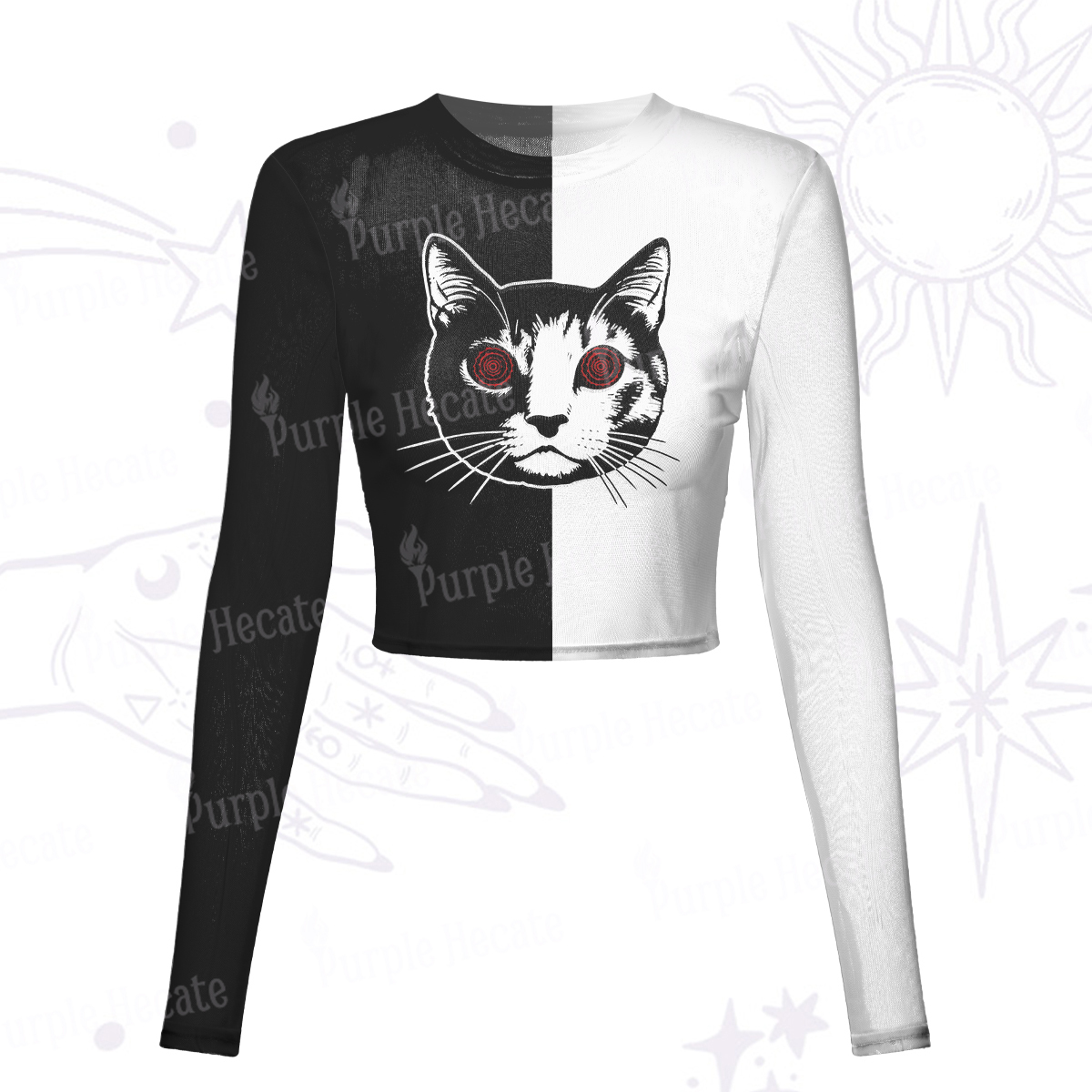 Purplehecate Hypnotic Cat Mesh Long Sleeve Crop Top