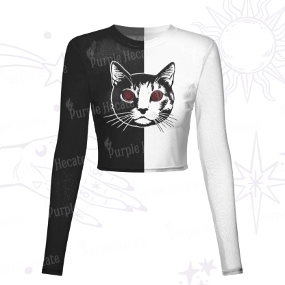 Purplehecate Hypnotic Cat Mesh Long Sleeve Crop Top