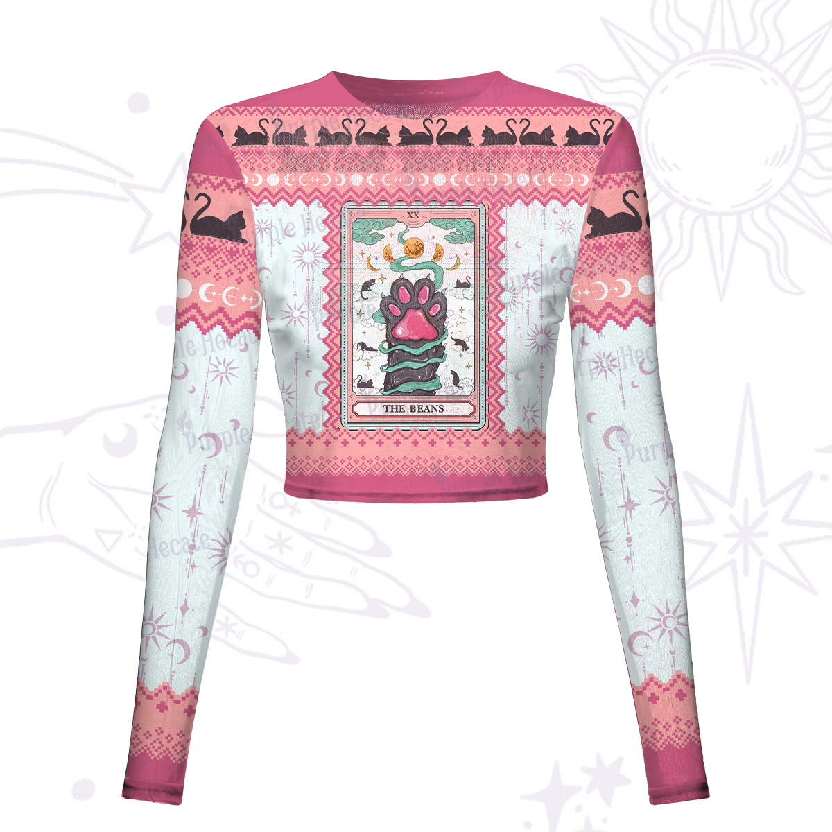 Purplehecate The Beans Cat Tarot Mesh Long Sleeve Crop Top