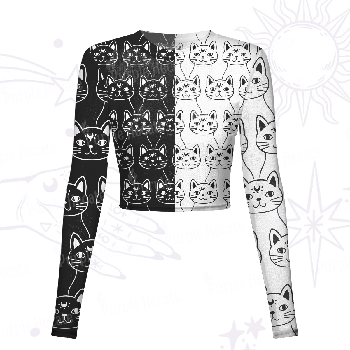 Purplehecate Sketchy Cat Mesh Long Sleeve Crop Top