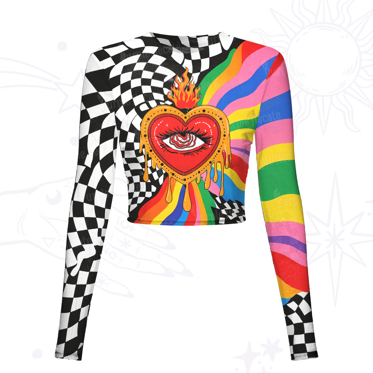 Purplehecate Trippy Rainbow Heart Eye Mesh Long Sleeve Crop Top