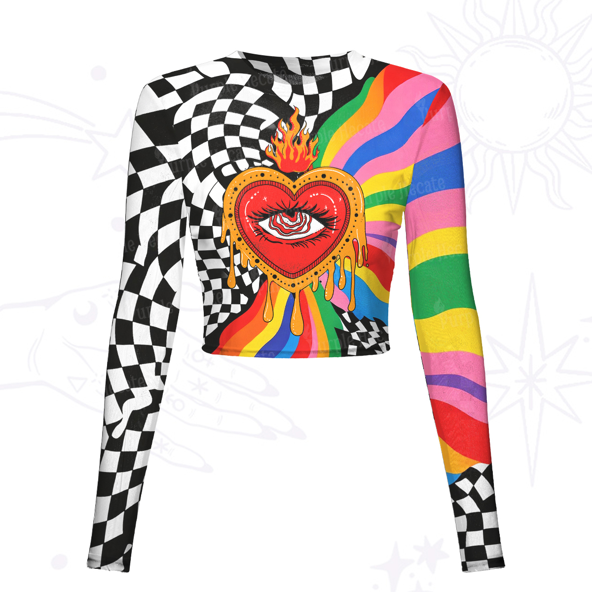 Purplehecate Trippy Rainbow Heart Eye Mesh Long Sleeve Crop Top