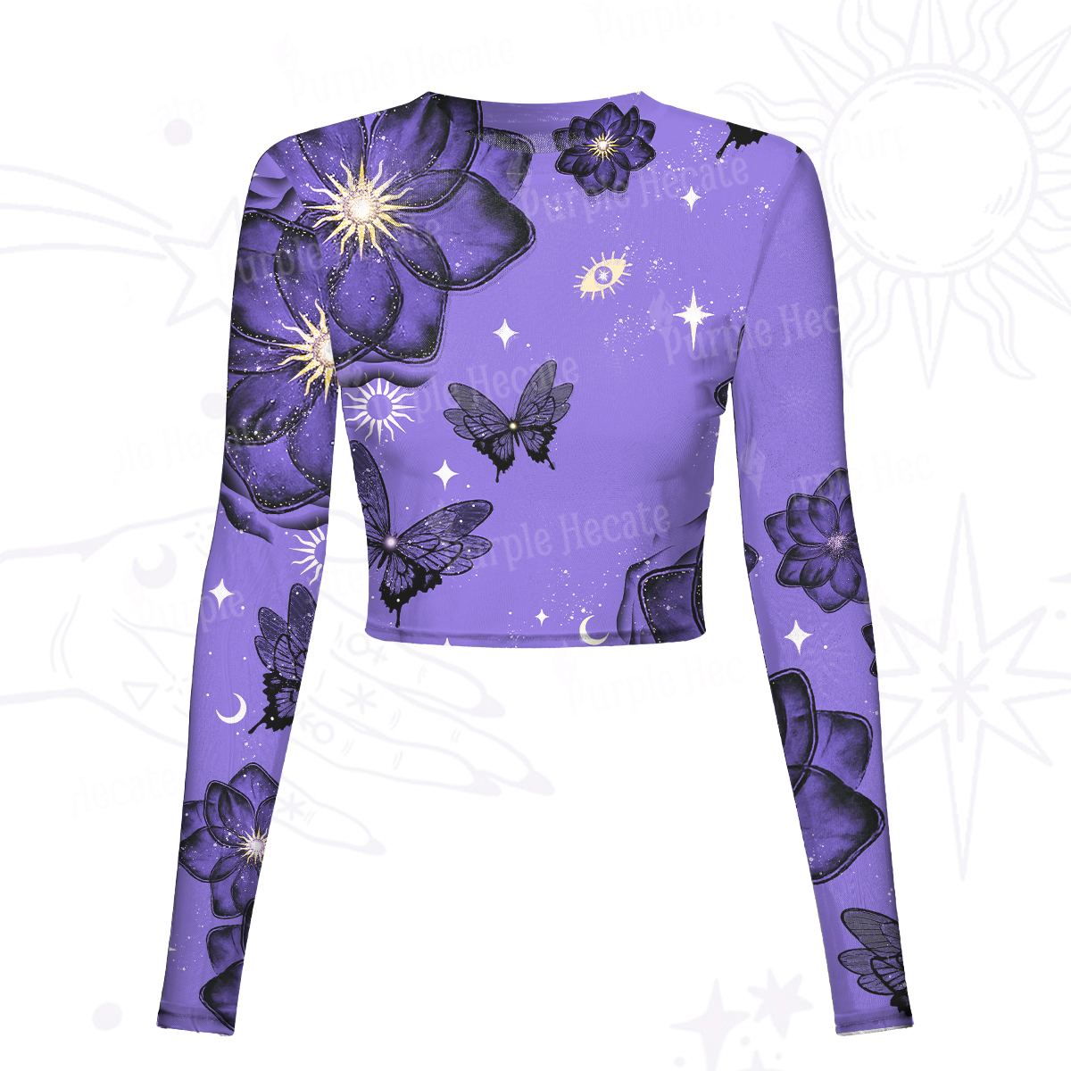 Purplehecate Moonlit Petals and Wings Mesh Long Sleeve Crop Top