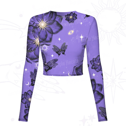 Purplehecate Moonlit Petals and Wings Mesh Long Sleeve Crop Top