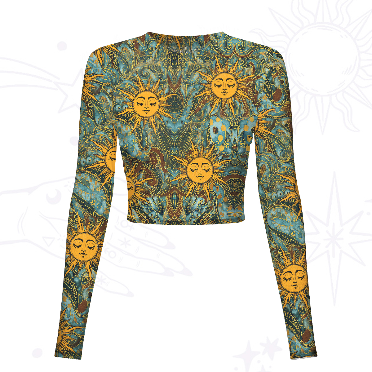Purplehecate Golden Sun Wheel Mesh Long Sleeve Crop Top
