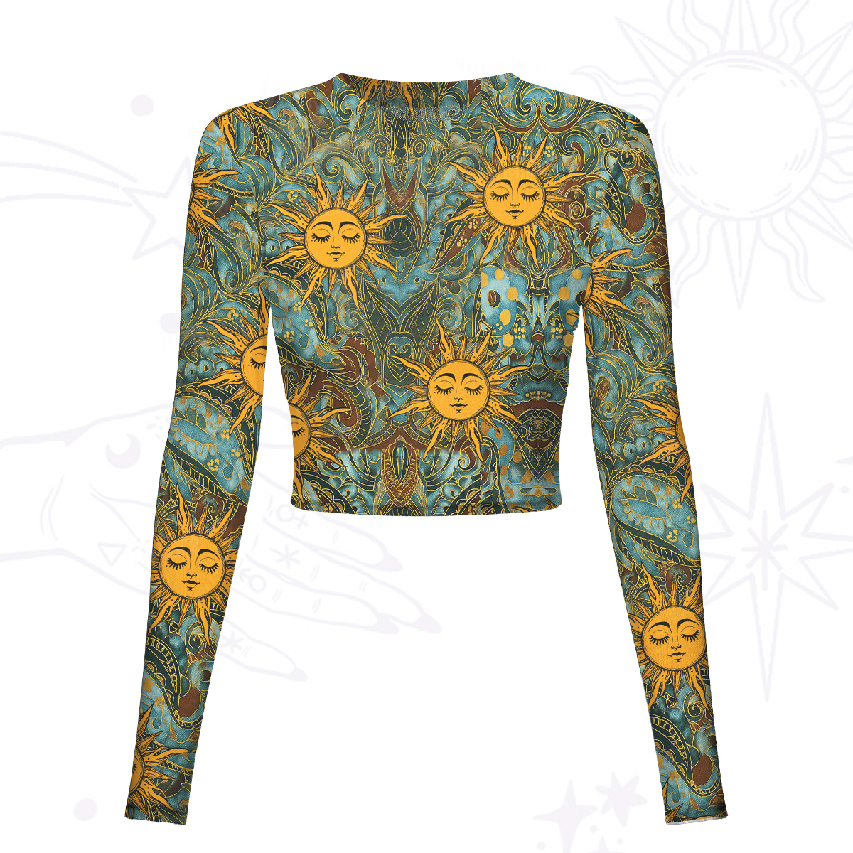 Purplehecate Golden Sun Wheel Mesh Long Sleeve Crop Top