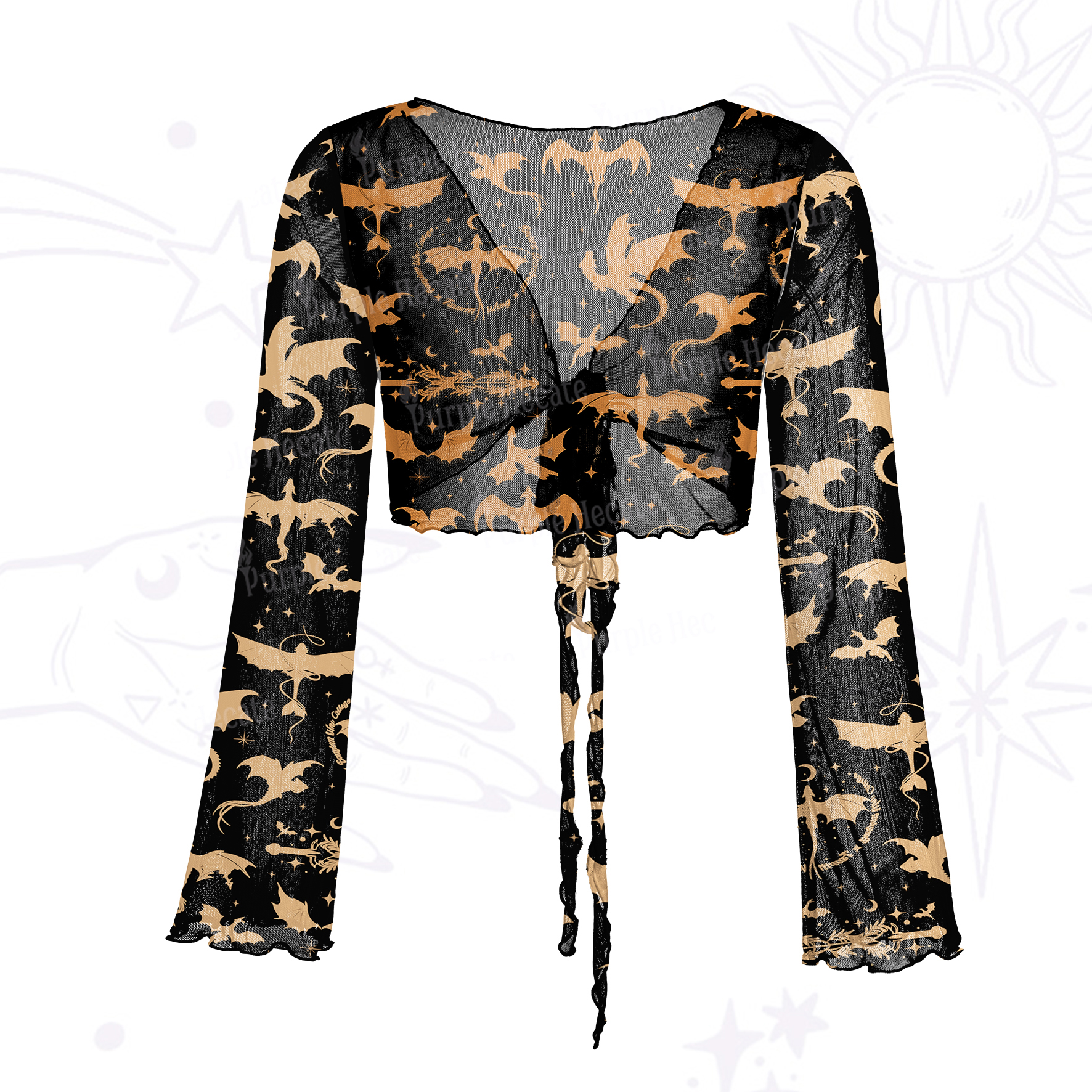 Purplehecate Fantasy Dragon Allover Mesh Tie Front Top