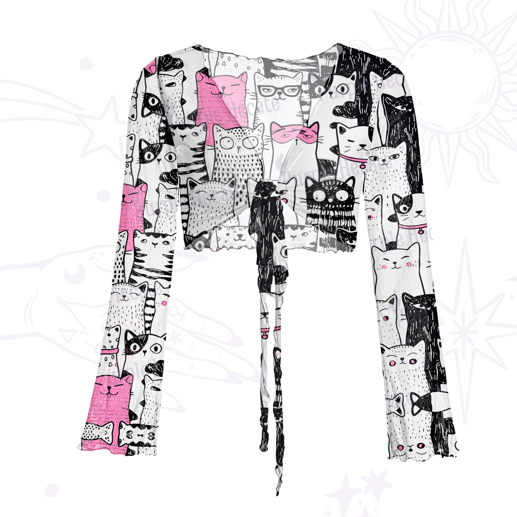 Purplehecate Cute Cat All Over Print Mesh Tie Front Top