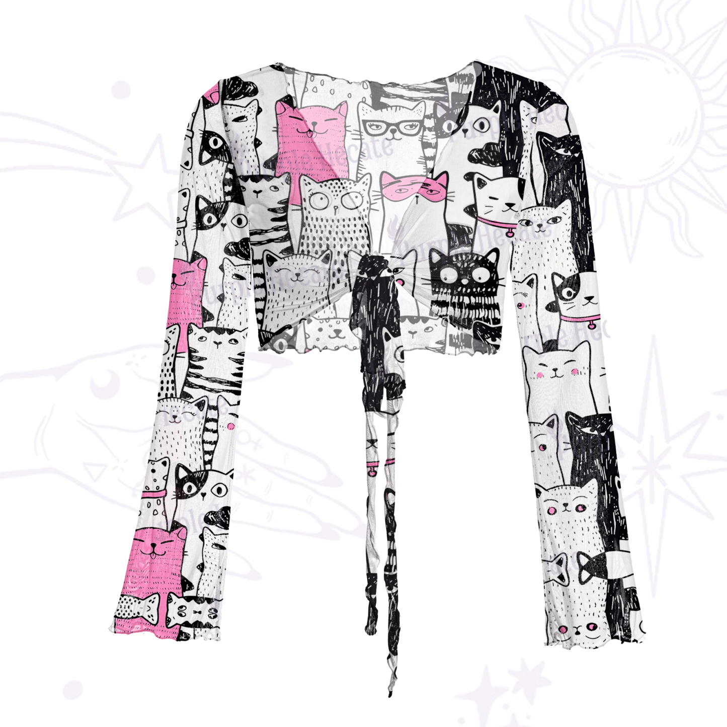 Purplehecate Cute Cat All Over Print Mesh Tie Front Top