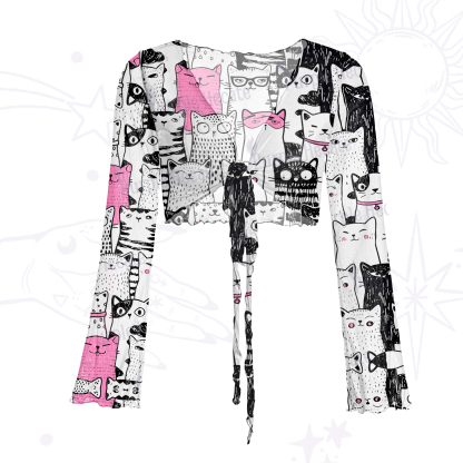 Purplehecate Cute Cat All Over Print Mesh Tie Front Top