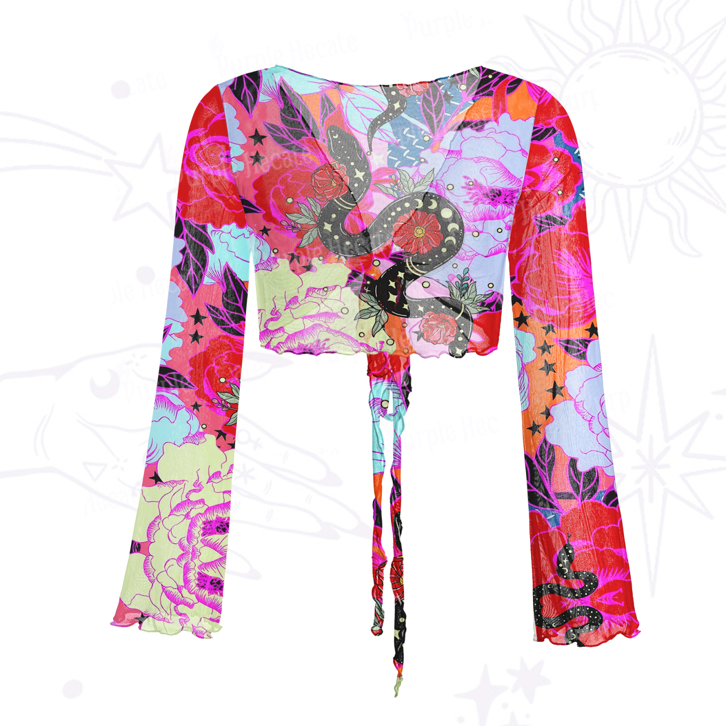 Purplehecate Enchanted Black Serpent & Floral Pattern Mesh Tie Front Top