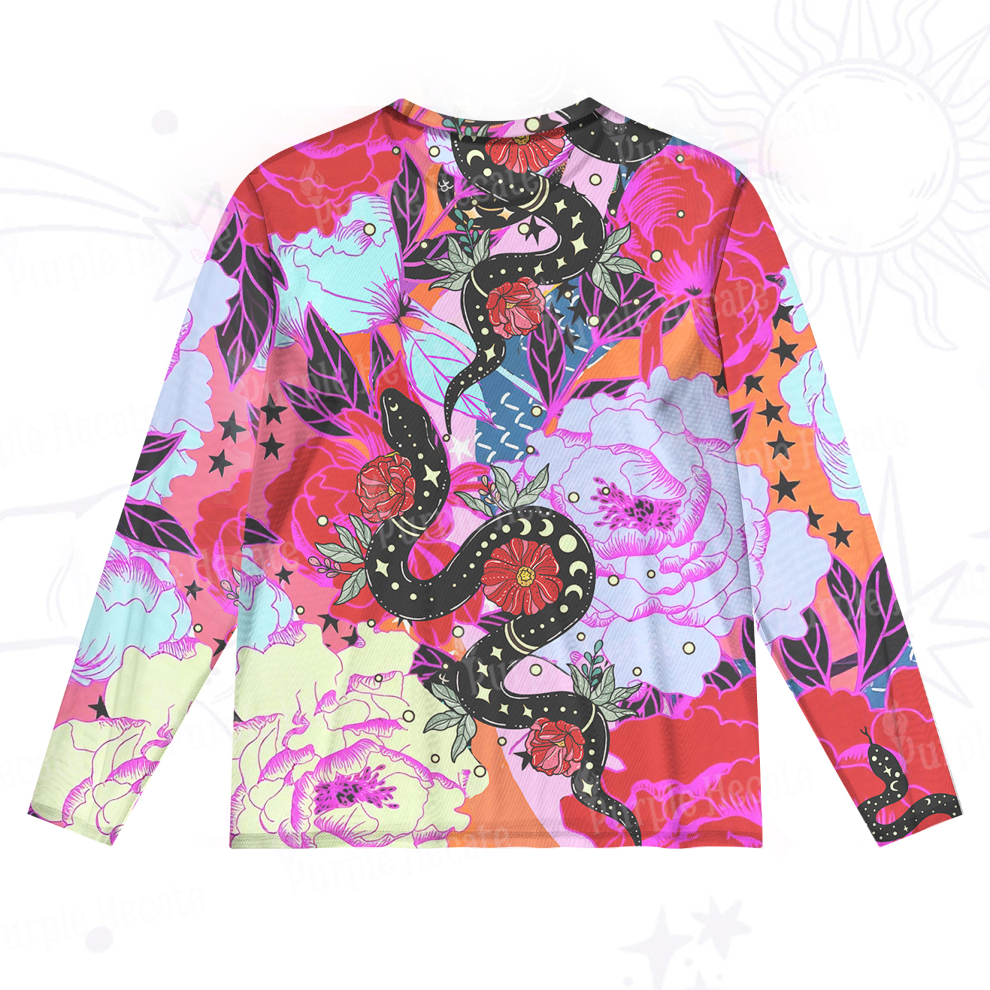 Purplehecate Enchanted Black Serpent & Floral Pattern Mesh Long Sleeve Top