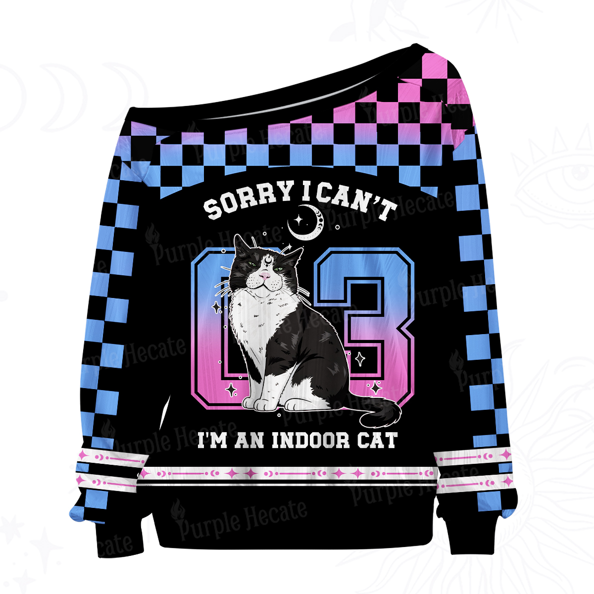 Purplehecate Sorry I Can't Go I'm an Indoor Cat Off The Shoulder Graphic Jersey