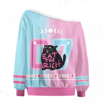 Purplehecate Eat The Rich Cat Off The Shoulder Graphic Jersey