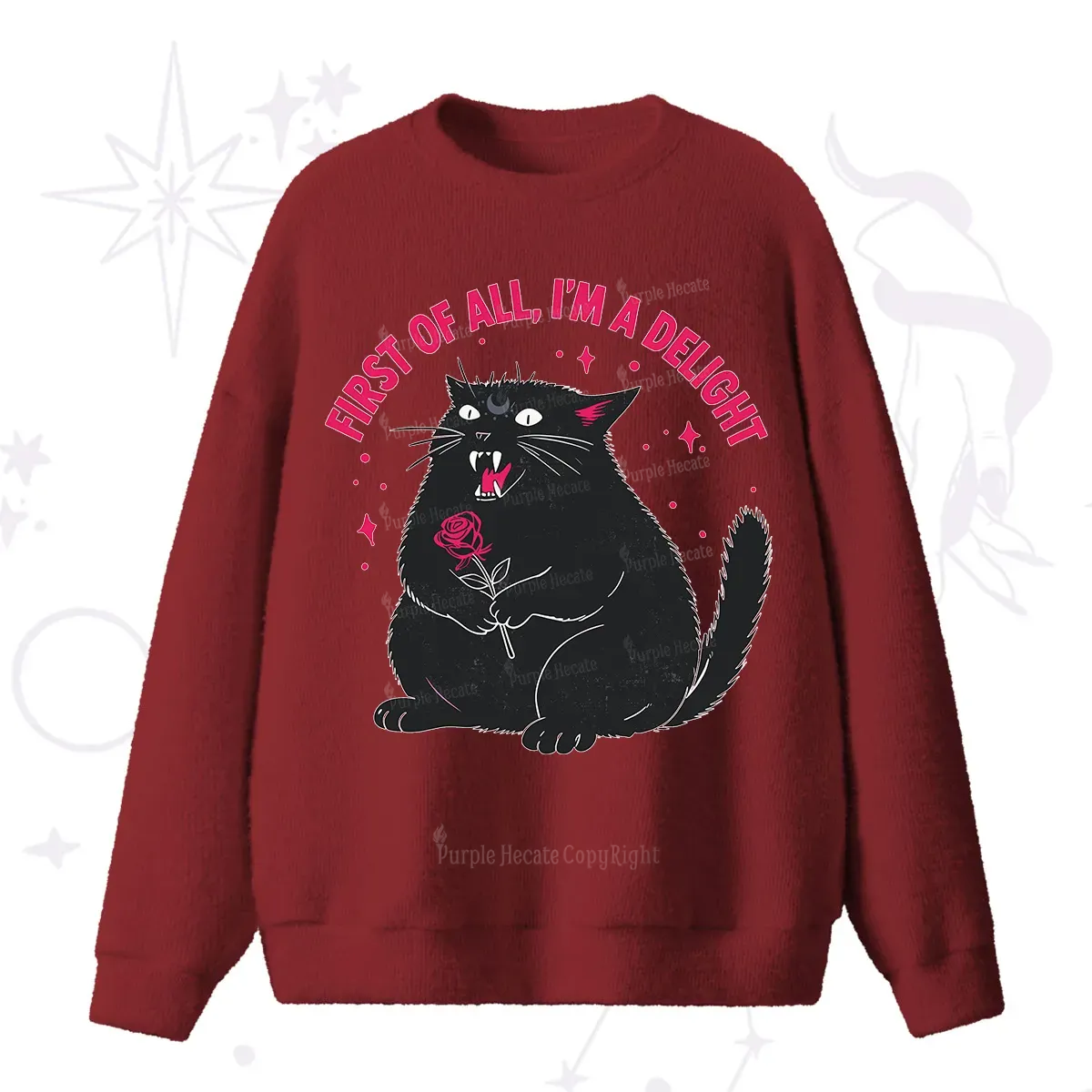 Purplehecate First Of All I'm A Delight Cat Fuzzy Ugly Sweater