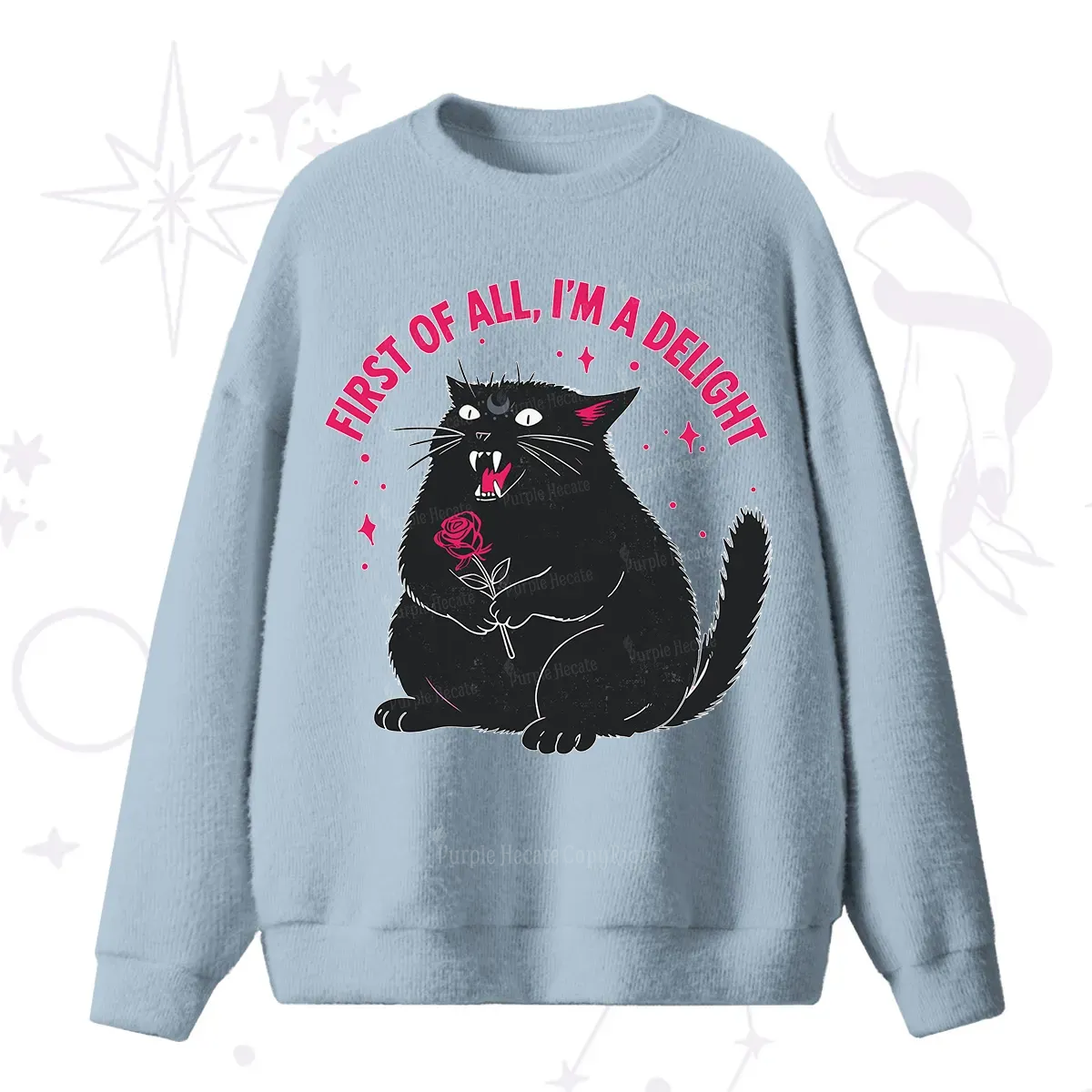 Purplehecate First Of All I'm A Delight Cat Fuzzy Ugly Sweater