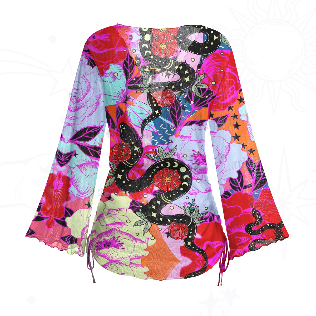 Purplehecate Enchanted Black Serpent & Floral Pattern Mesh Cover Up Dress