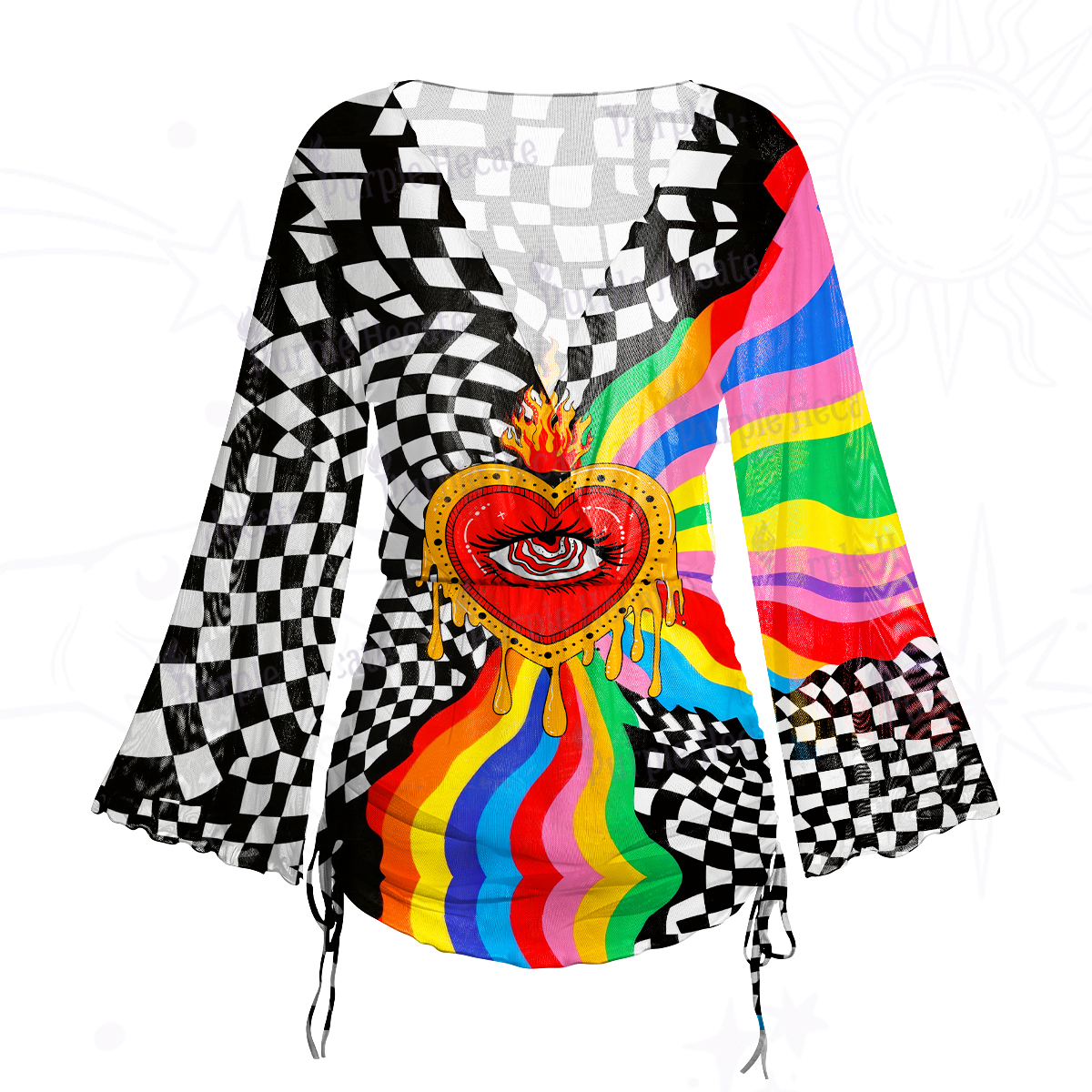 Purplehecate Trippy Rainbow Heart Eye Mesh Cover Up Dress