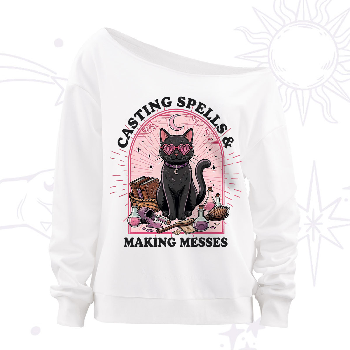 Purplehecate Casting Spells Making Messes Cat Off The Shoulder Sweatshirt