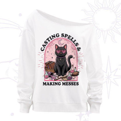 Purplehecate Casting Spells Making Messes Cat Off The Shoulder Sweatshirt
