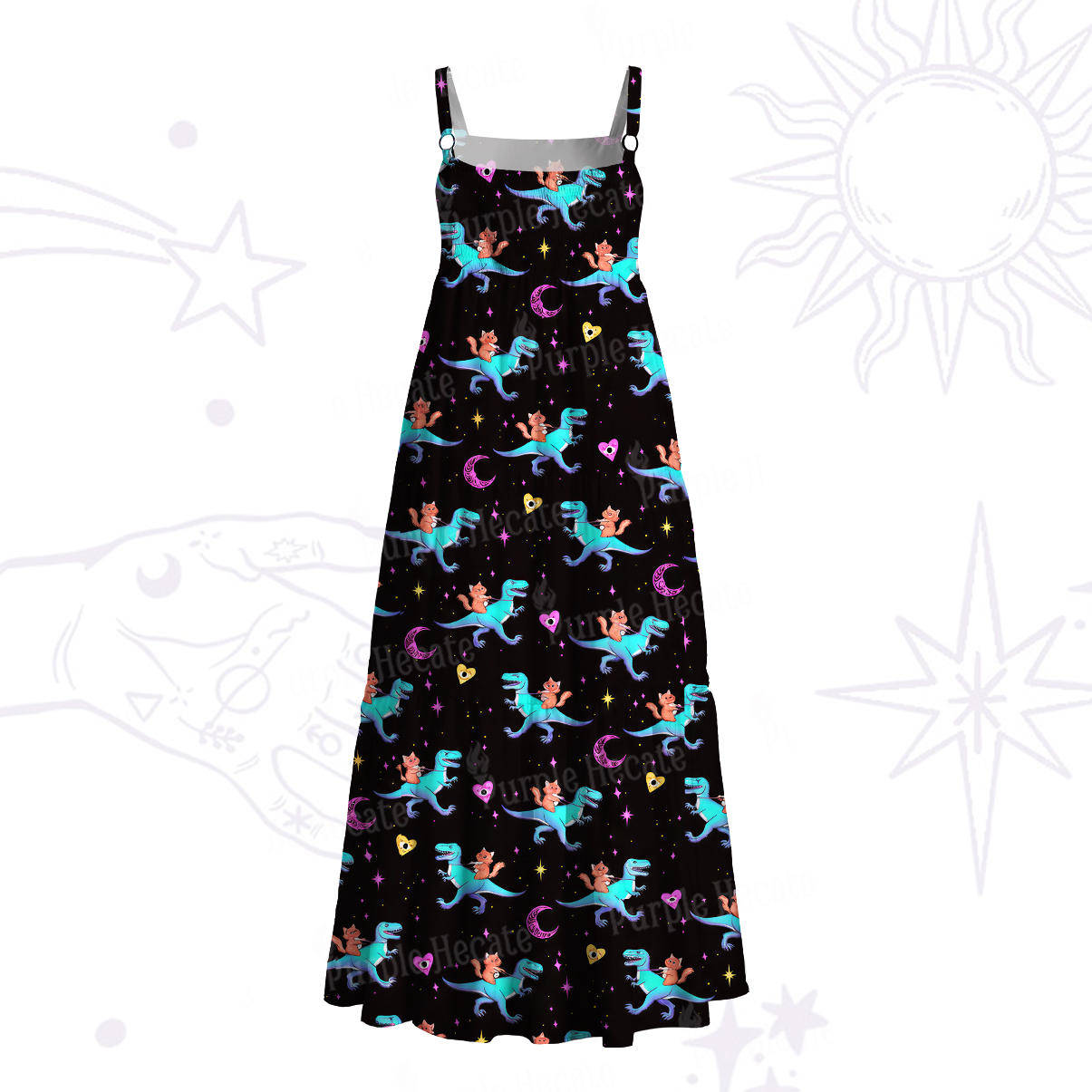 Purplehecate Witch Cat Rides the Dino Wide Straps Maxi Dress