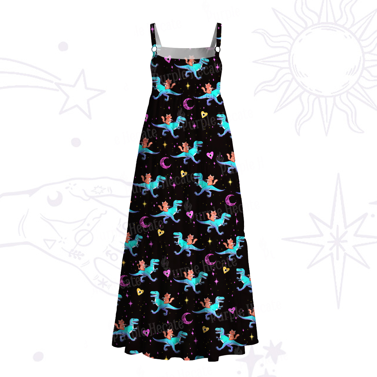 Purplehecate Witch Cat Rides the Dino Wide Straps Maxi Dress