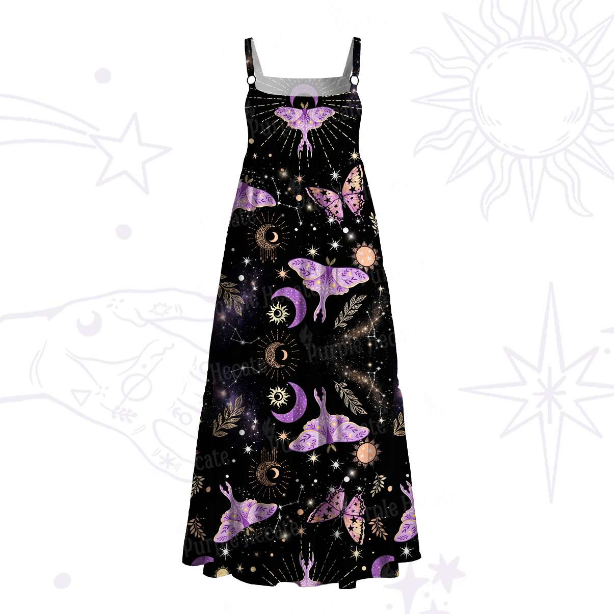 Purplehecate Starry Night Lunar Moth Wide Straps Maxi Dress