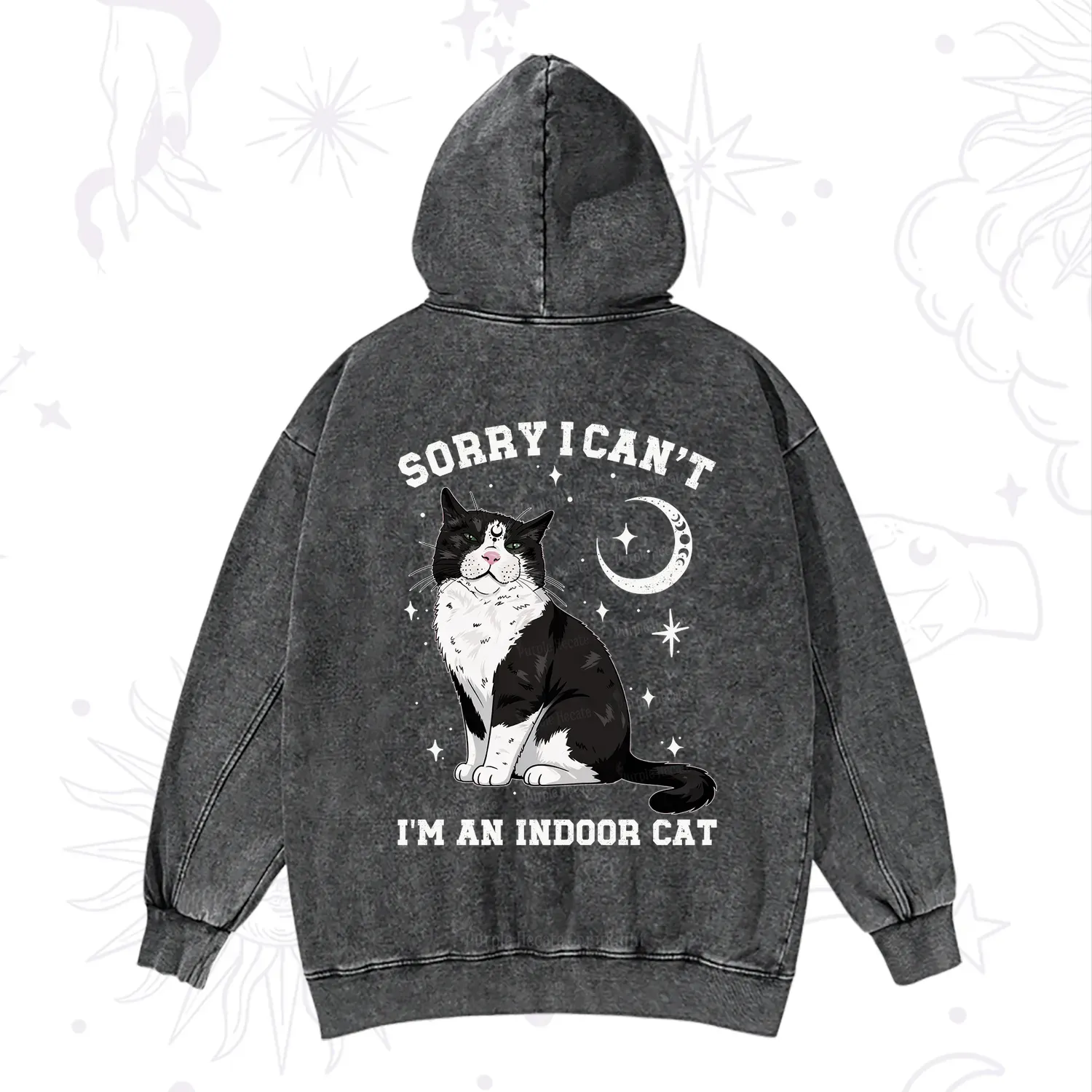 Purplehecate Sorry I Can't Go I'm an Indoor Cat Washed Hoodie