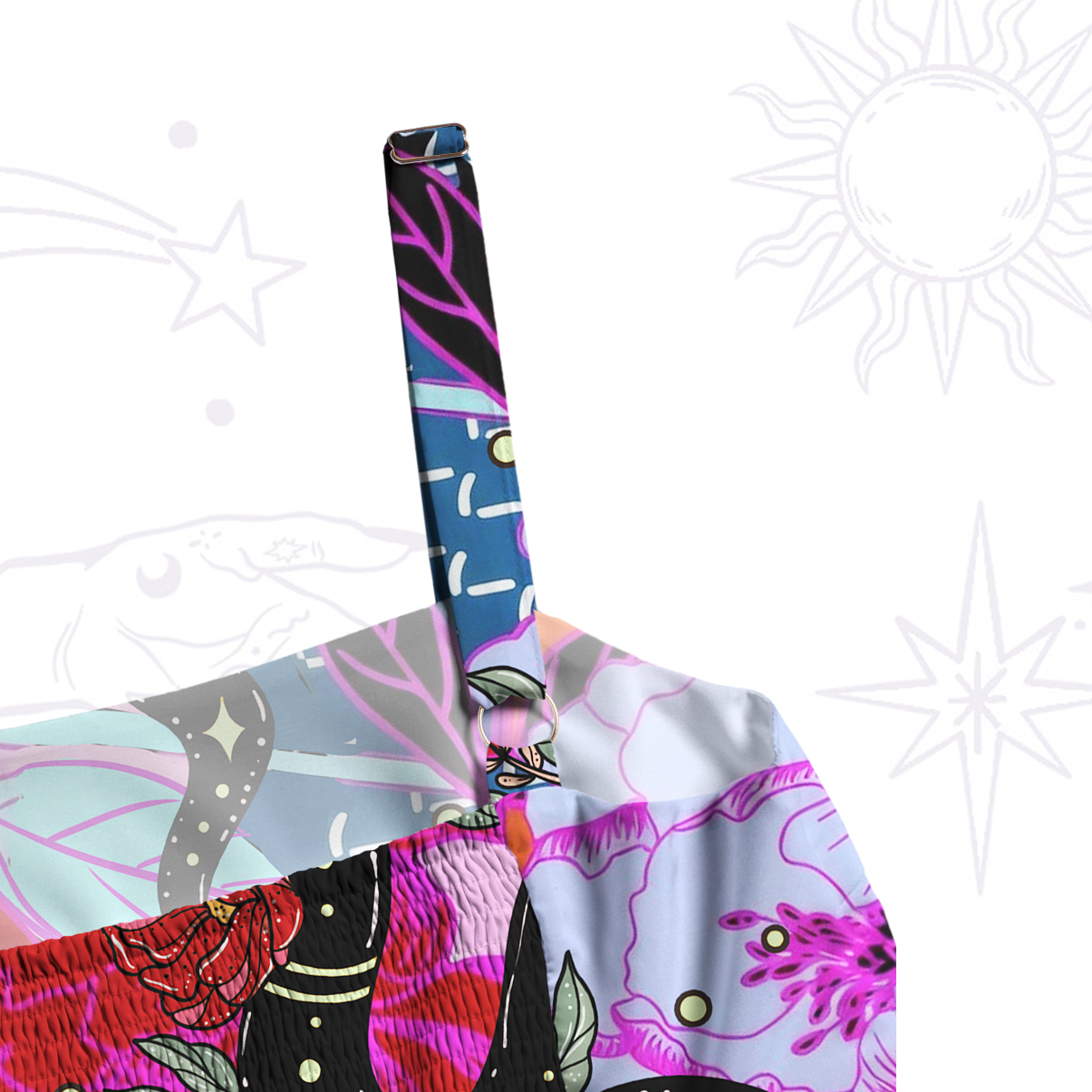 Purplehecate Enchanted Black Serpent & Floral Pattern Wide Straps Maxi Dress