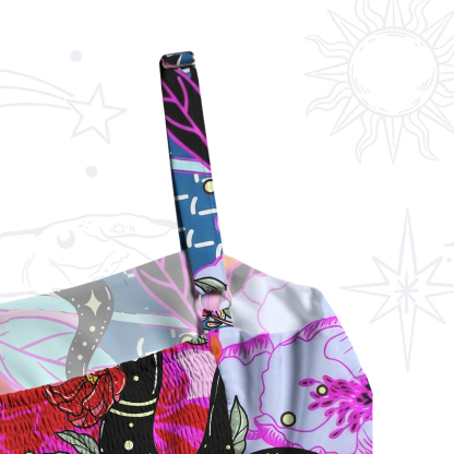 Purplehecate Enchanted Black Serpent & Floral Pattern Wide Straps Maxi Dress