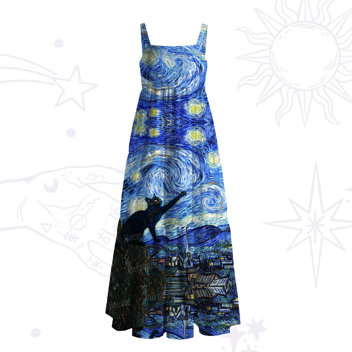 Purplehecate Witch Cat Under the Starry Night Wide Straps Maxi Dress
