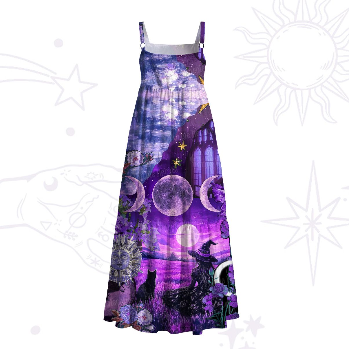 Purplehecate Witchy Black Cat Moon Wide Straps Maxi Dress