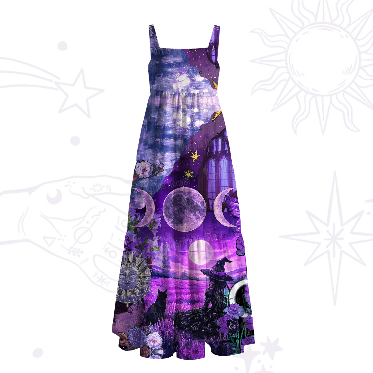 Purplehecate Witchy Black Cat Moon Wide Straps Maxi Dress