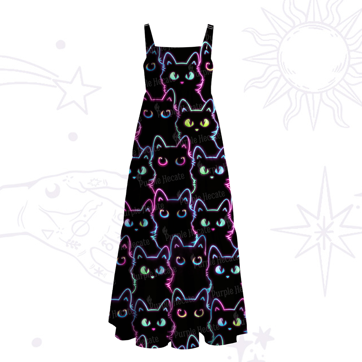 Purplehecate Neon Glow Stacked Cats Wide Straps Maxi Dress