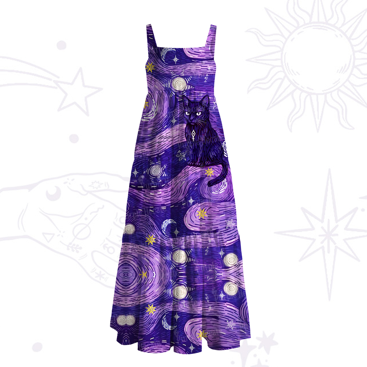Purplehecate Mystic Cat Beneath the Cosmic Veil Wide Straps Maxi Dress