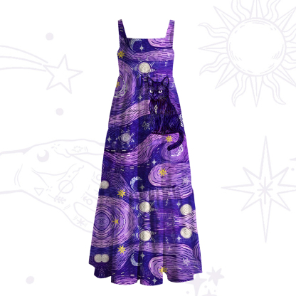 Purplehecate Mystic Cat Beneath the Cosmic Veil Wide Straps Maxi Dress