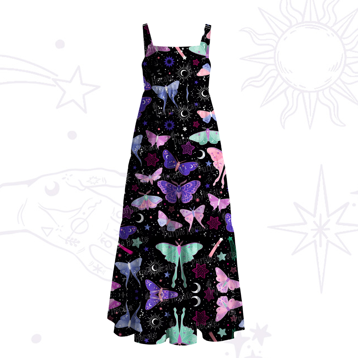 Purplehecate Midnight Moth Wide Straps Maxi Dress