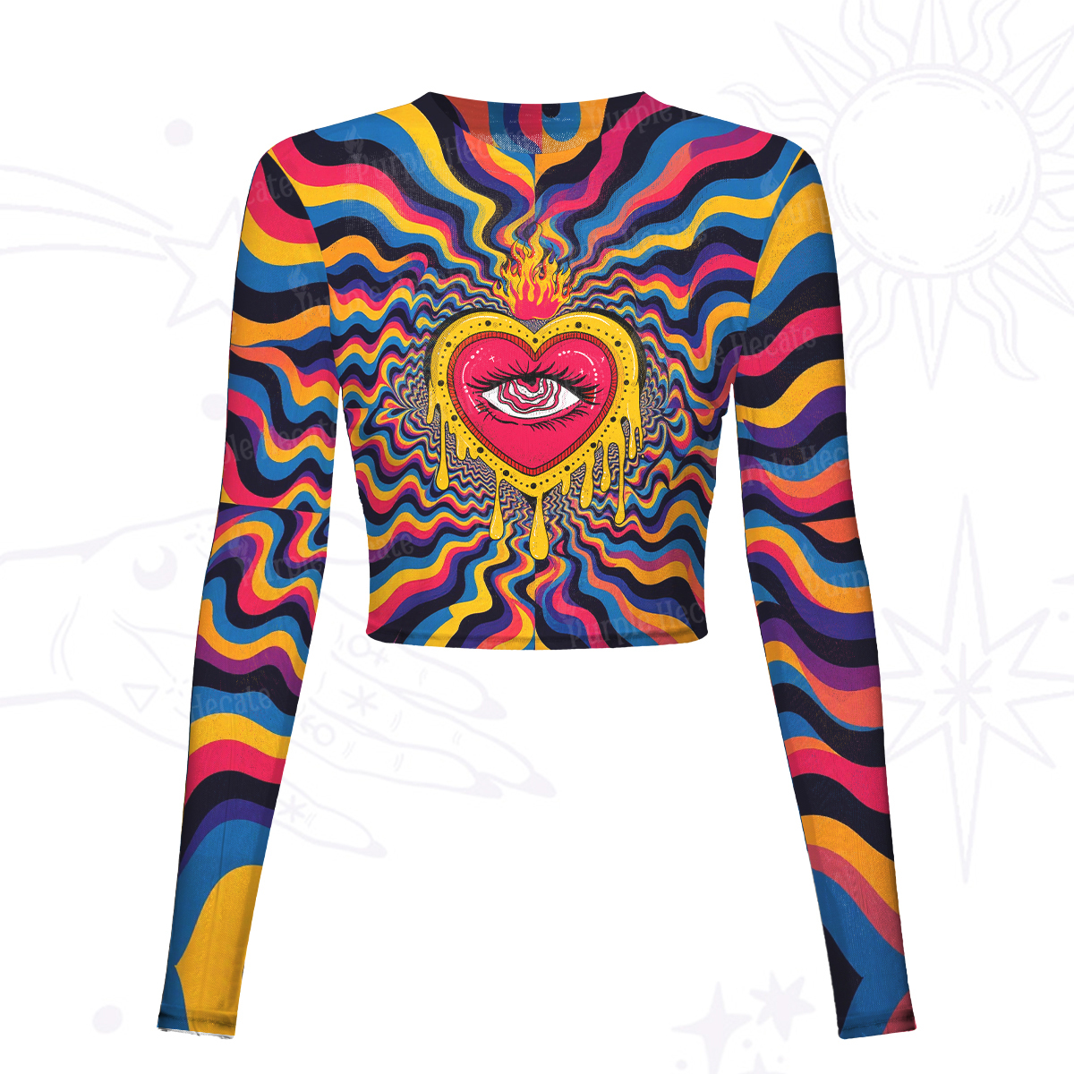 Purplehecate Trippy Heart Flame Mesh Long Sleeve Crop Top
