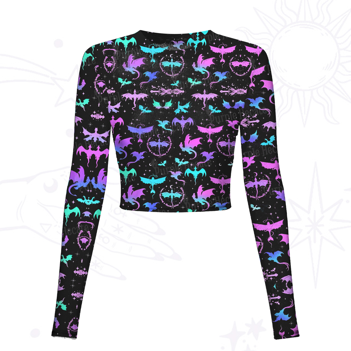 Purplehecate Neon Fantasy Dragon Allover Mesh Long Sleeve Crop Top