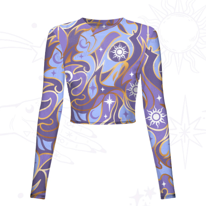 Purplehecate Divination Night Print Mesh Long Sleeve Crop Top