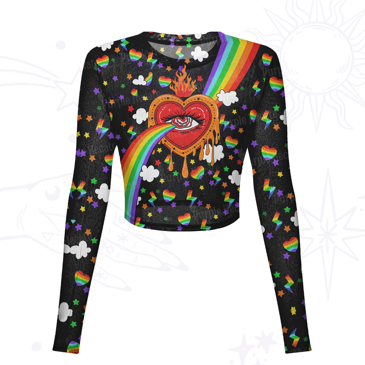 Purplehecate Rainbow Sacred Heart All Seeing Eye Pride Mesh Long Sleeve Crop Top