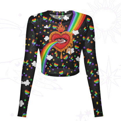Purplehecate Rainbow Sacred Heart All Seeing Eye Pride Mesh Long Sleeve Crop Top