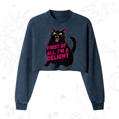 Purplehecate First Of All I'm A Delight Cat Cropped Washed Sweatshirt