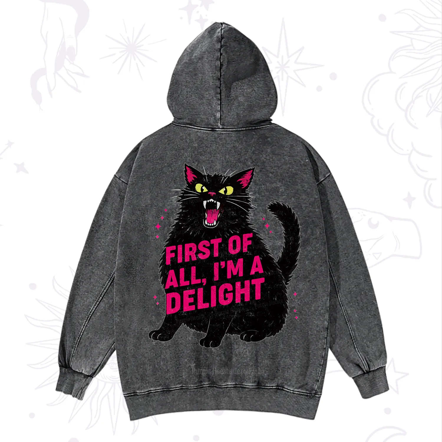 Purplehecate First Of All I'm A Delight Cat Washed Hoodie