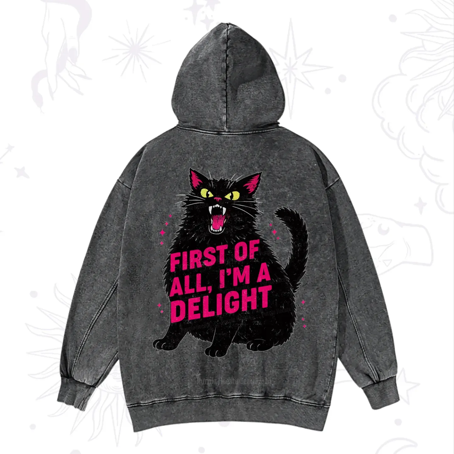 Purplehecate First Of All I'm A Delight Cat Washed Hoodie