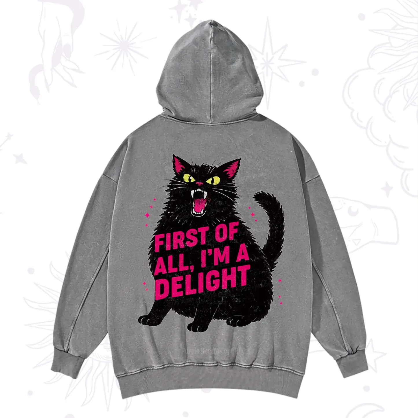Purplehecate First Of All I'm A Delight Cat Washed Hoodie